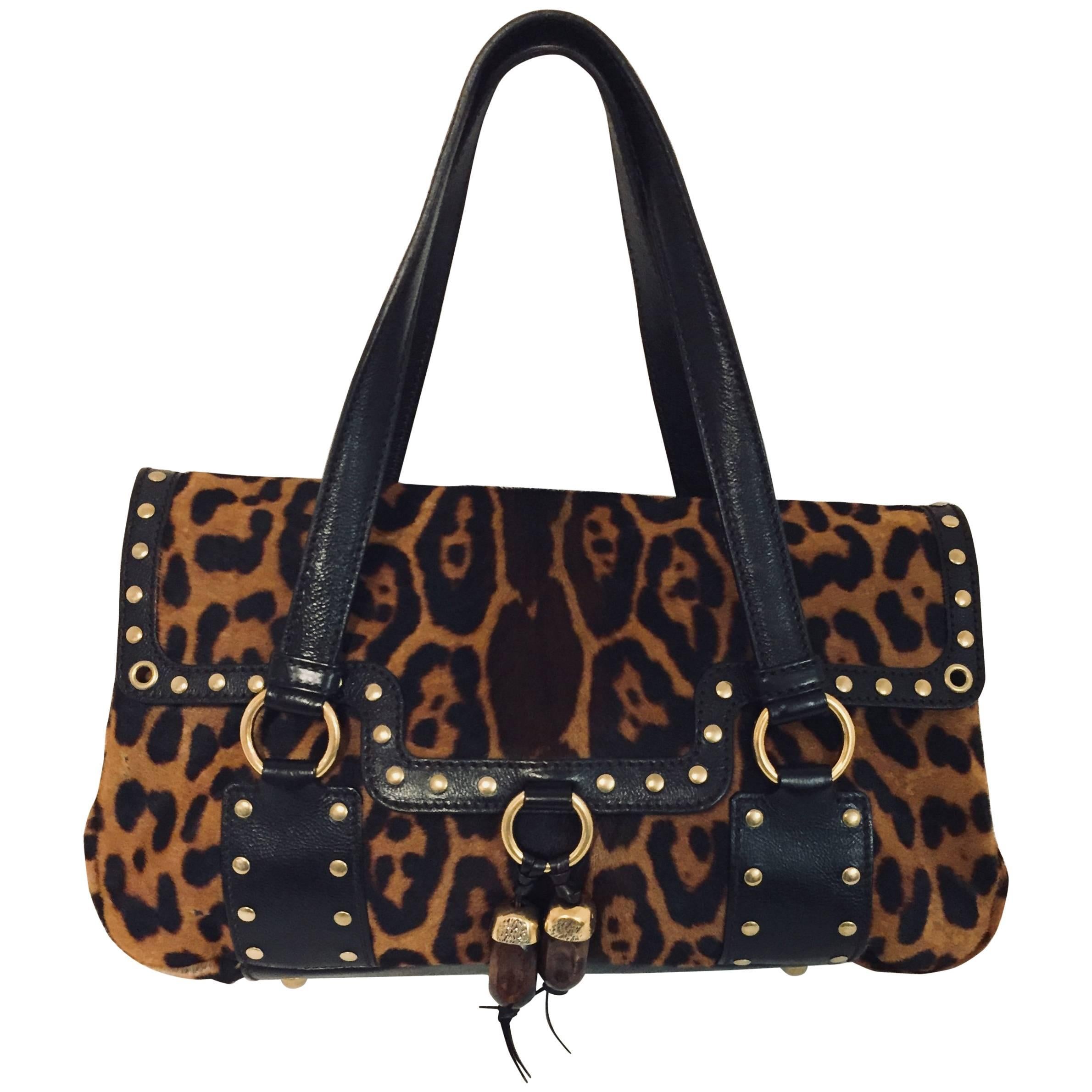 Yves Saint Laurent Leopard Print Pony Hair Leather Tote with Two Handles  For Sale