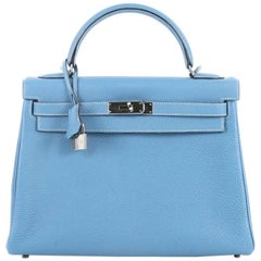 Hermes Kelly Handbag Blue Jean Togo with Palladium Hardware 32