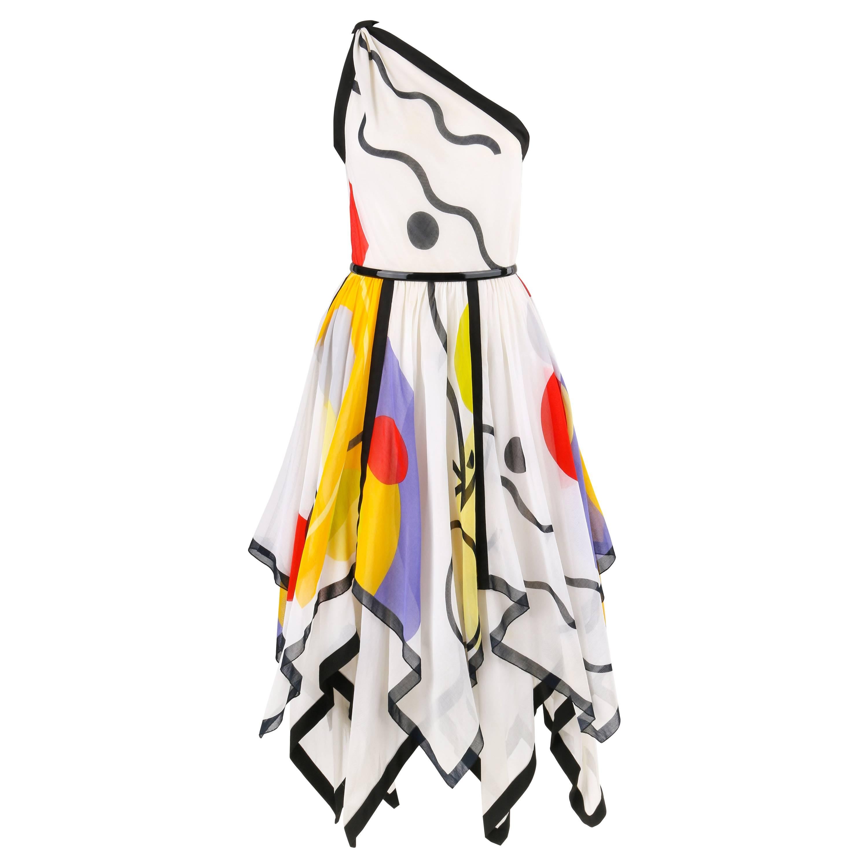 LOUIS FERAUD c.1990's White Geometric Print One Shoulder Handkerchief Hem Dress