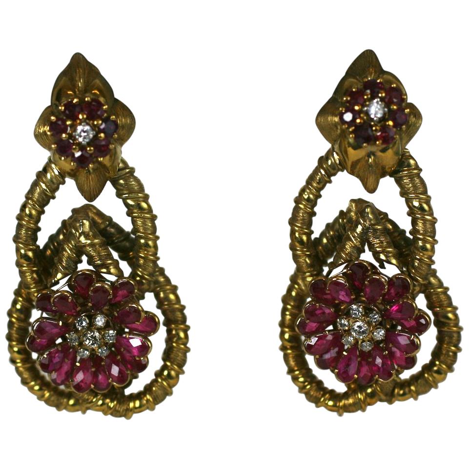 Ruby and Diamond Flower Earrings For Sale
