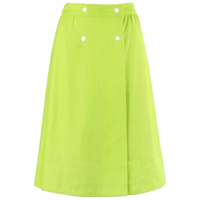 COURREGES Hyperbole c.1970's Lime Green Snap Front Tea Length Wrap Skirt  For Sale at 1stDibs