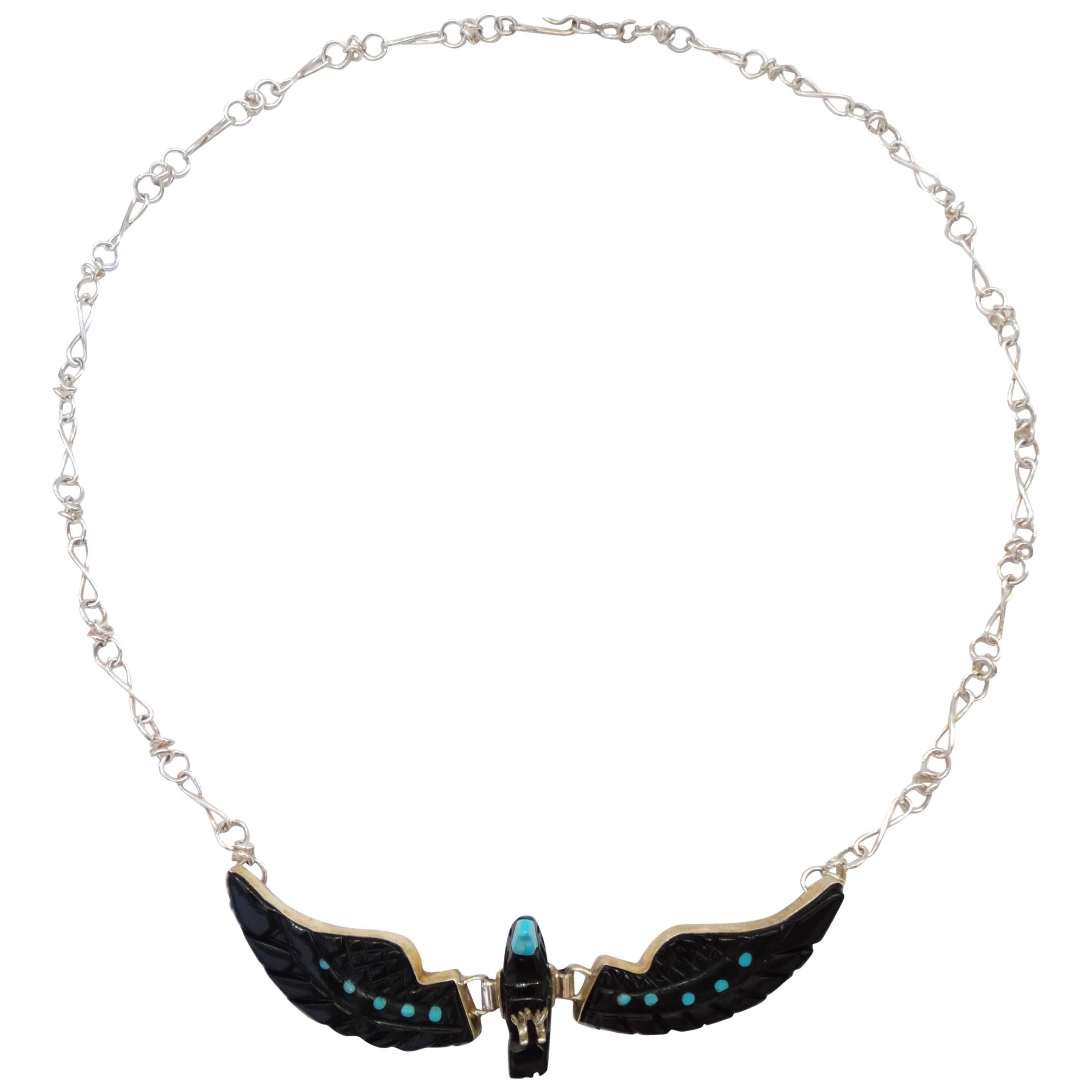 Navajo Onyx Hawk Necklace, 1980s  