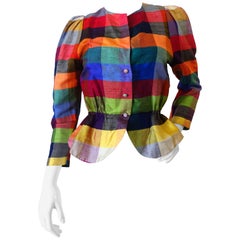 Rainbow Plaid Peplum Button Up Blouse, 1980s