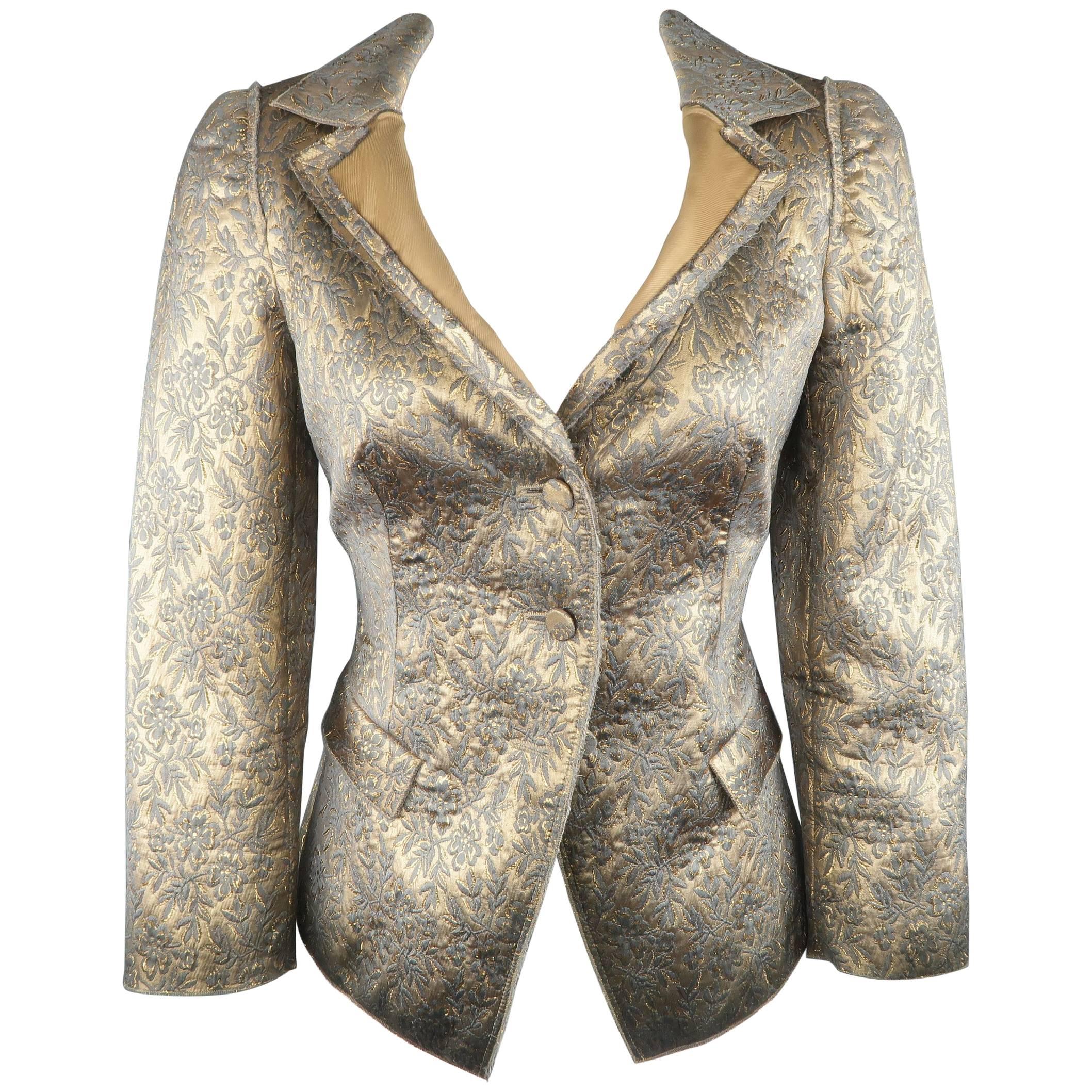 PRADA Size 8 Gold Silk Blend Floral Brocade Raw Trim Notch Lapel Jacket