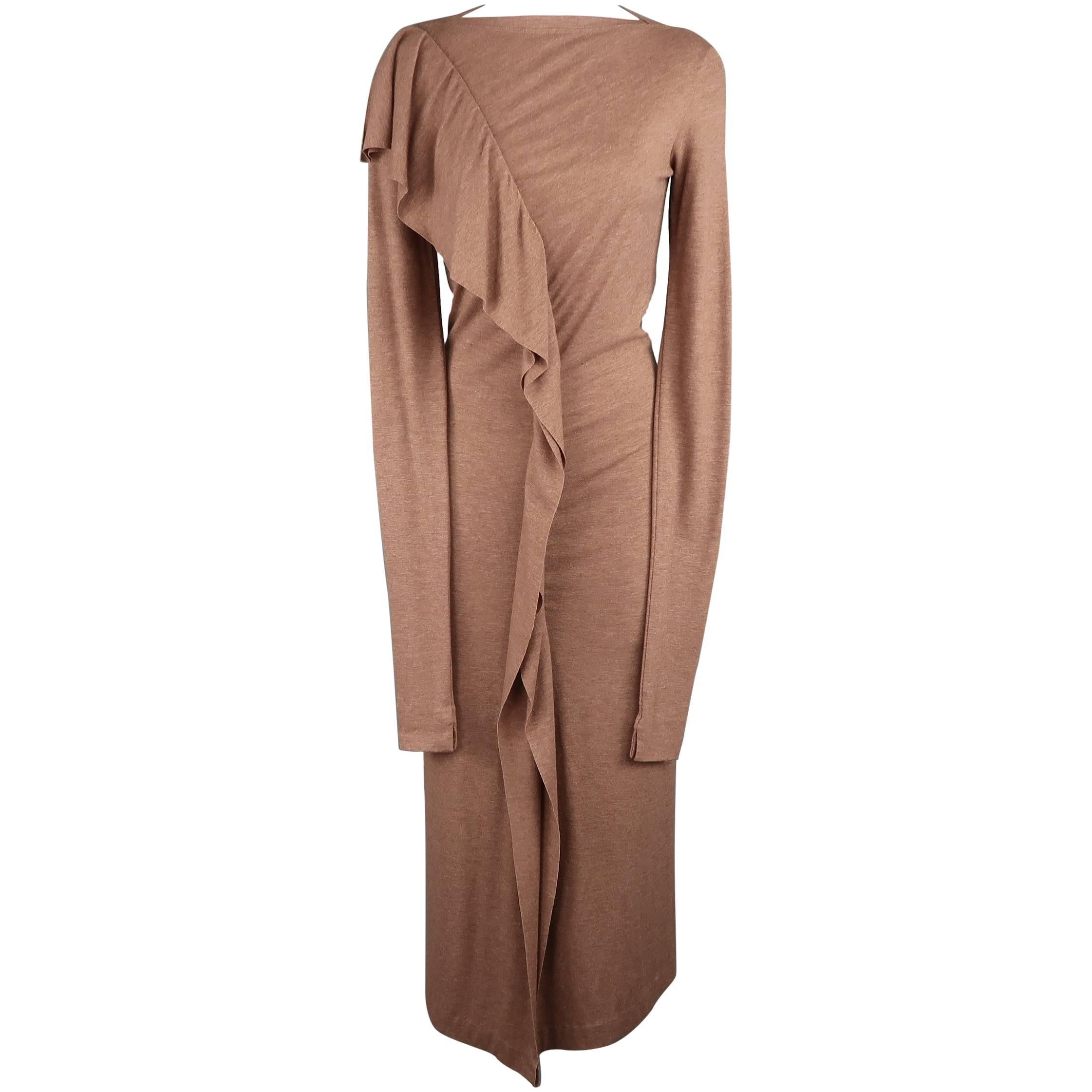 JEAN PAUL GAULTIER Size 8 Tan Wool/Rayon Ruffle Long Sleeve Maxi Dress