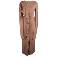 JEAN PAUL GAULTIER Size 8 Tan Wool/Rayon Ruffle Long Sleeve Maxi Dress