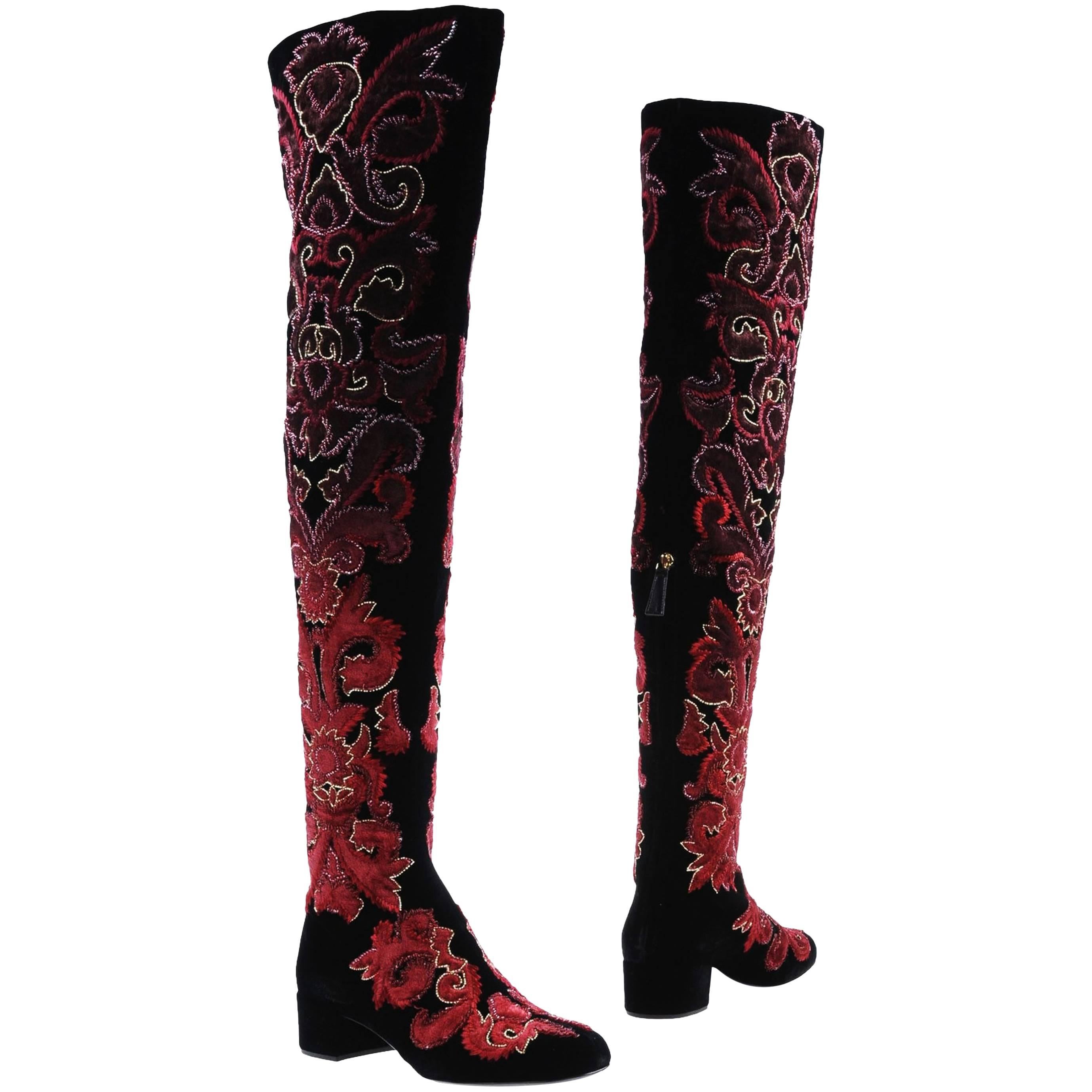 New Alberta Ferretti Velvet Beaded Embroidered Thigh High Boots 39