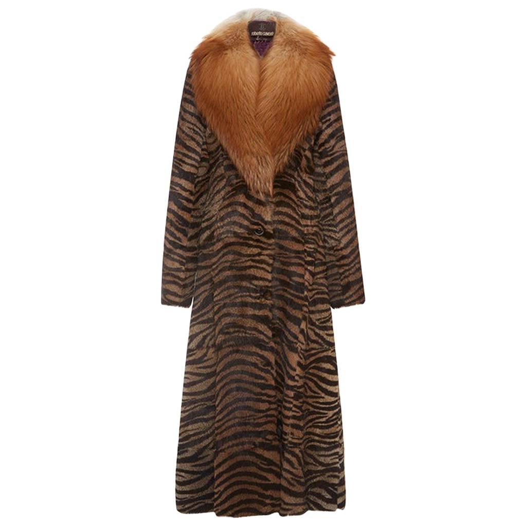 New $16000 Roberto Cavalli Runway Arctic Fox Rabbit Tiger Print Long Coat It. 42 For Sale