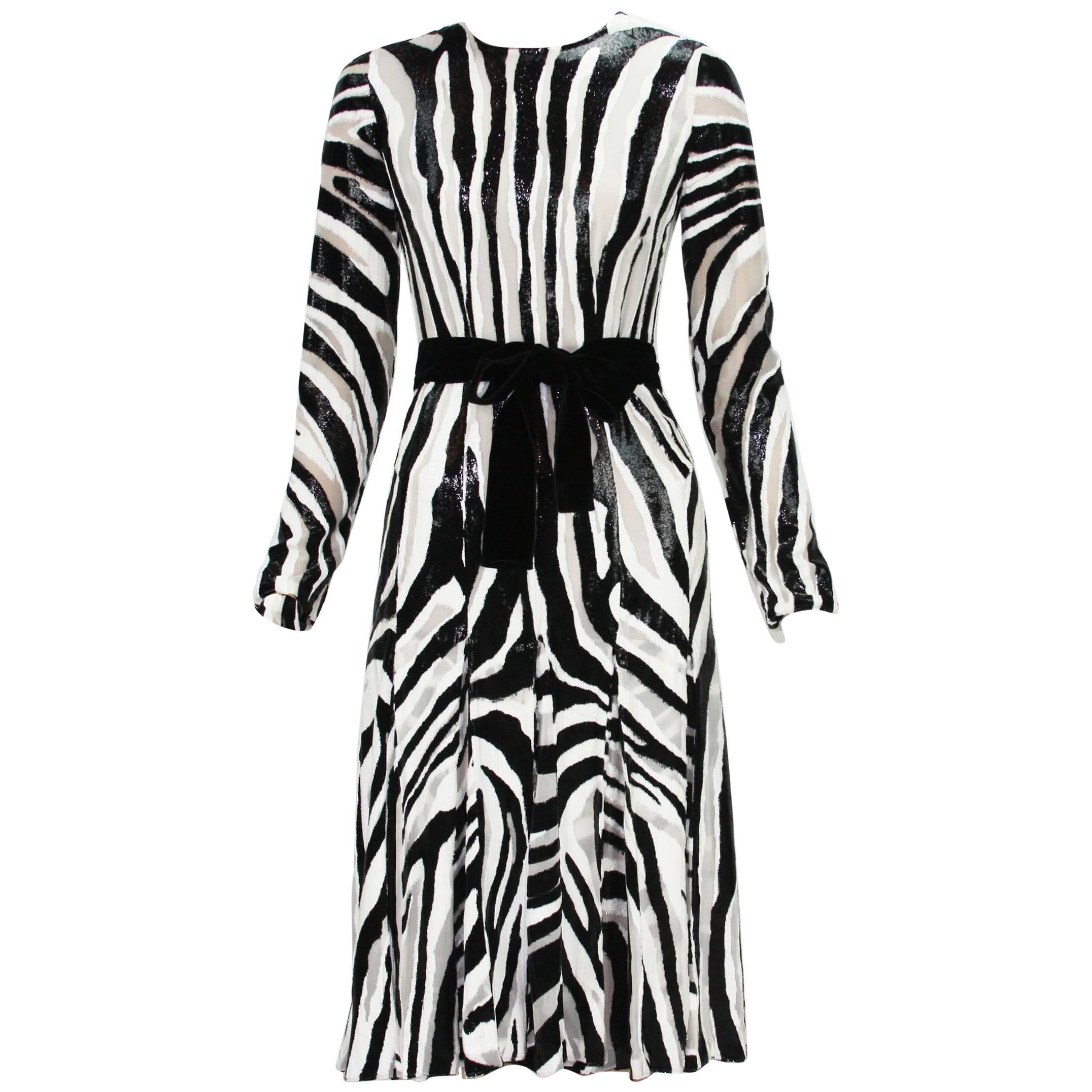 New Tom Ford Fur-Like Zebra Print Semi-Sheer Belted Shimmer Pleated Dress It 38  For Sale