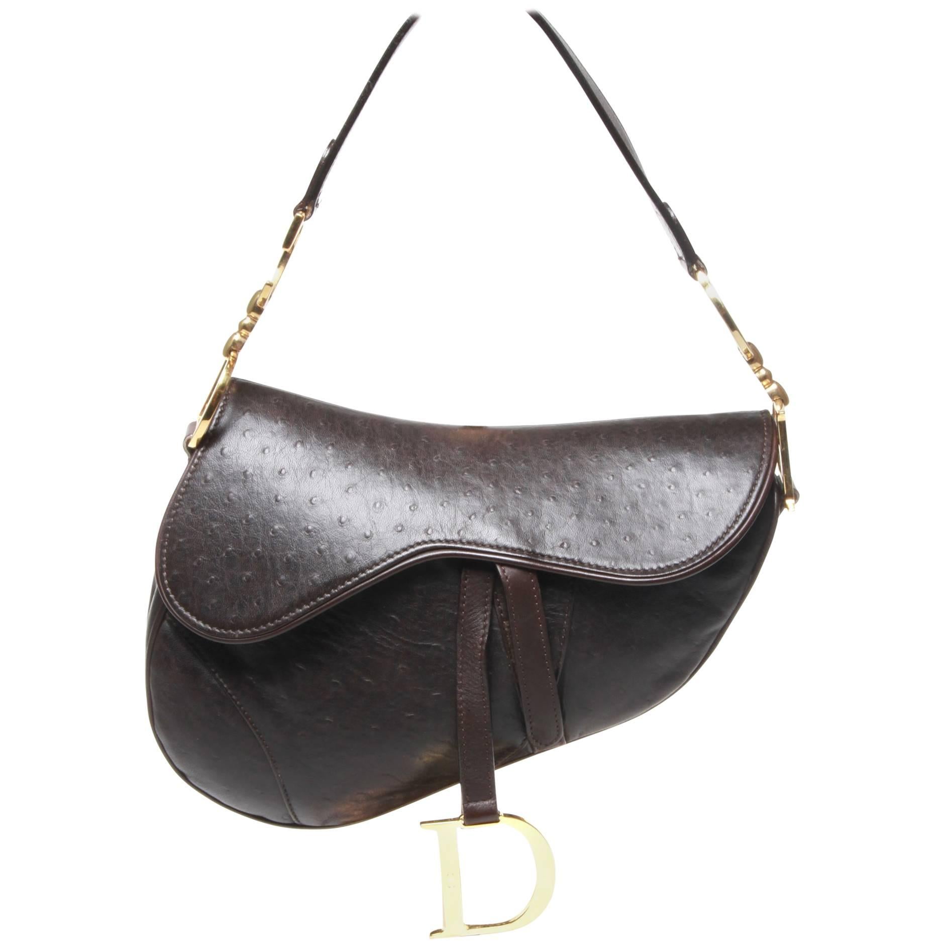 Dior Brown Ostrich Leather Saddle Bag