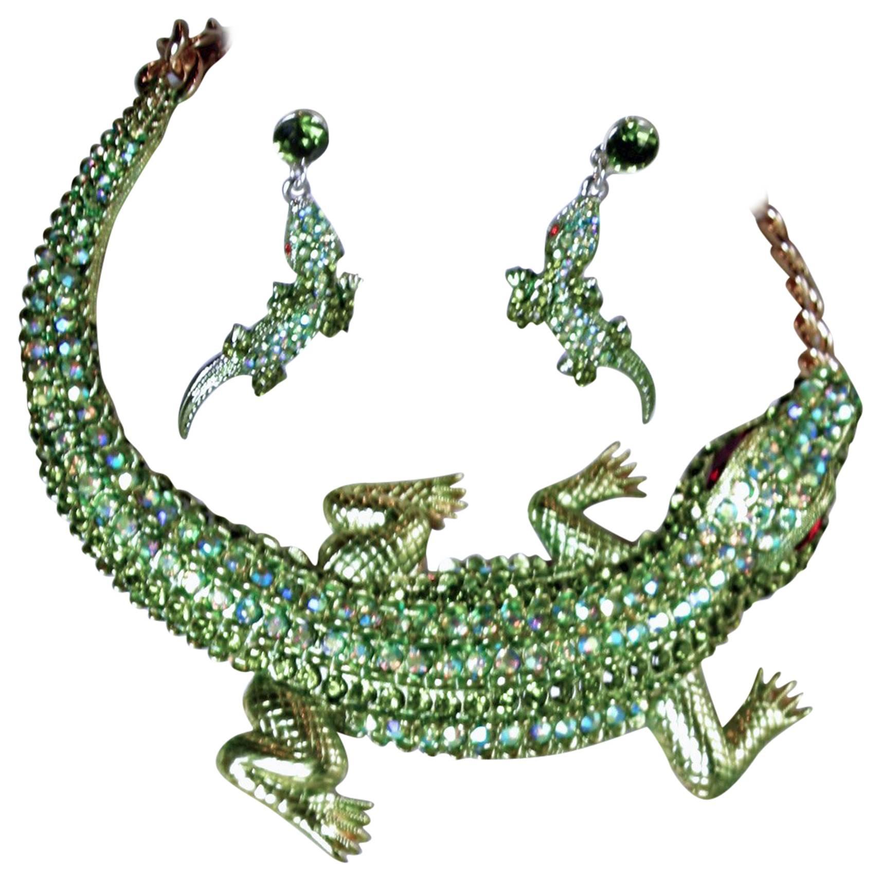 Rhinestone Alligator Necklace And Earrings Set
