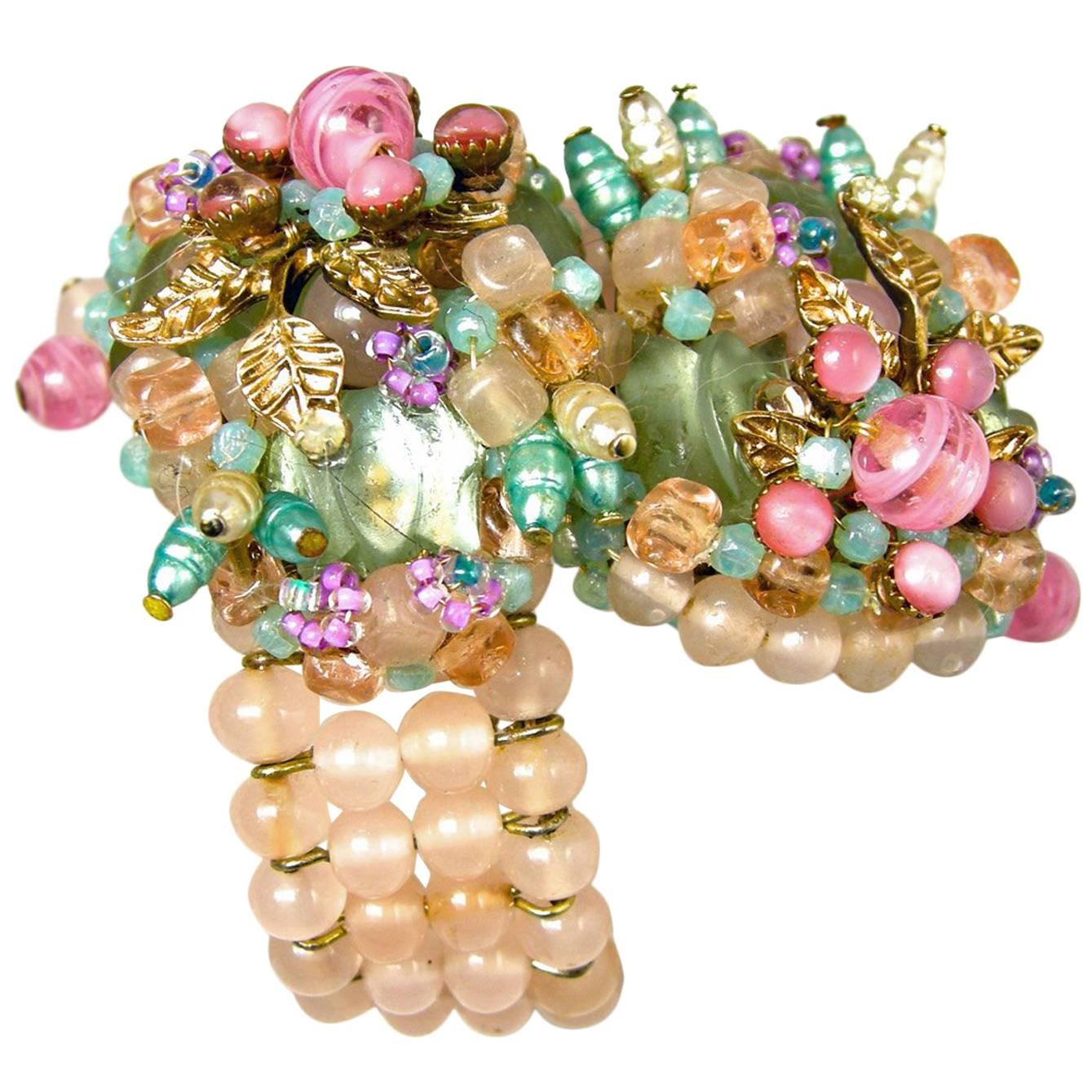 Vintage Rare Early Miriam Haskell Pink Pastel Glass Floral Wrap Bracelet For Sale
