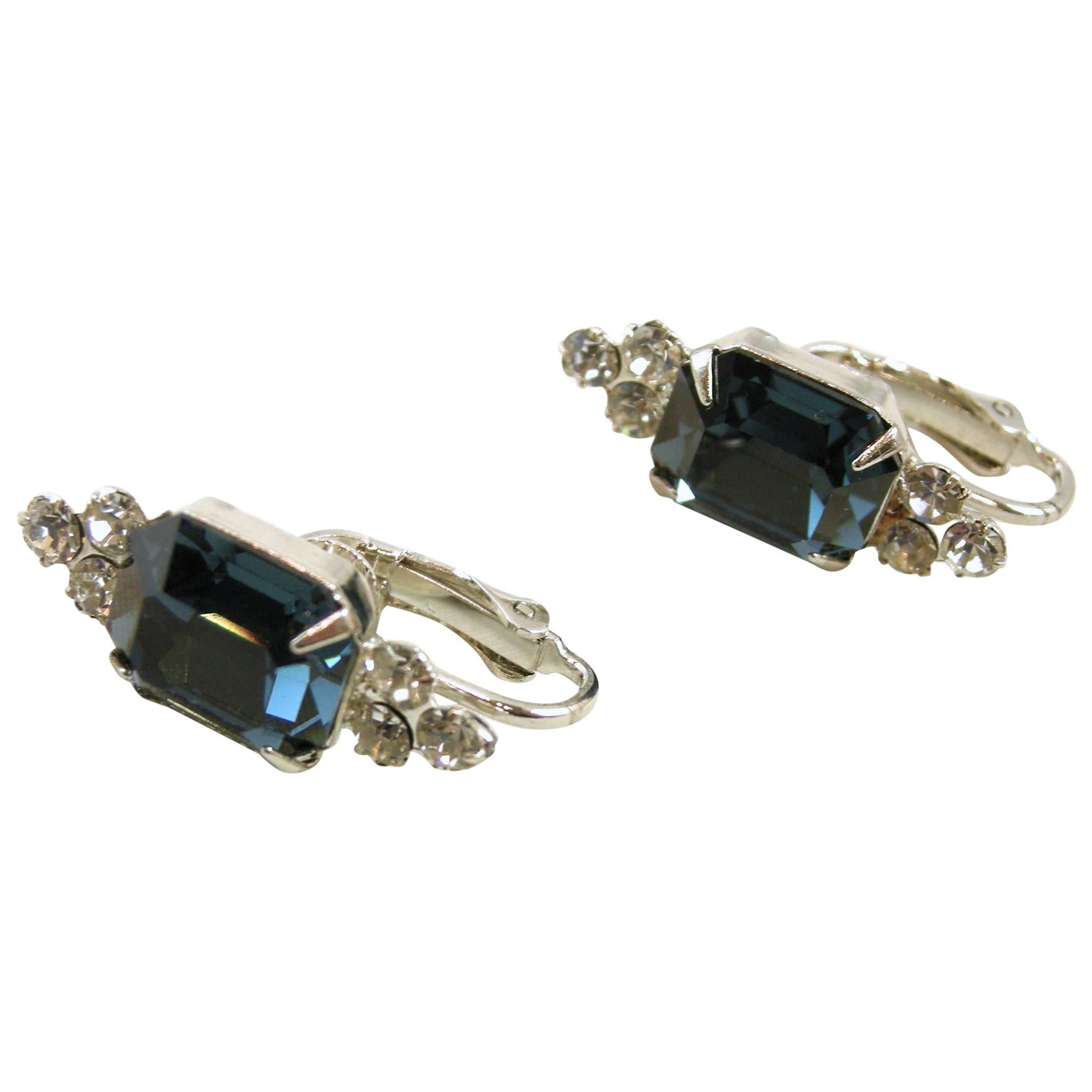 Kenneth Jay Lane Faux Sapphire and Rhinestone Earrings For Sale