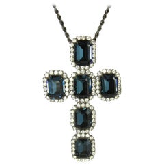 Vintage Huge Kenneth Jay Lane Faux Sapphire And Rhinestone Cross Necklace