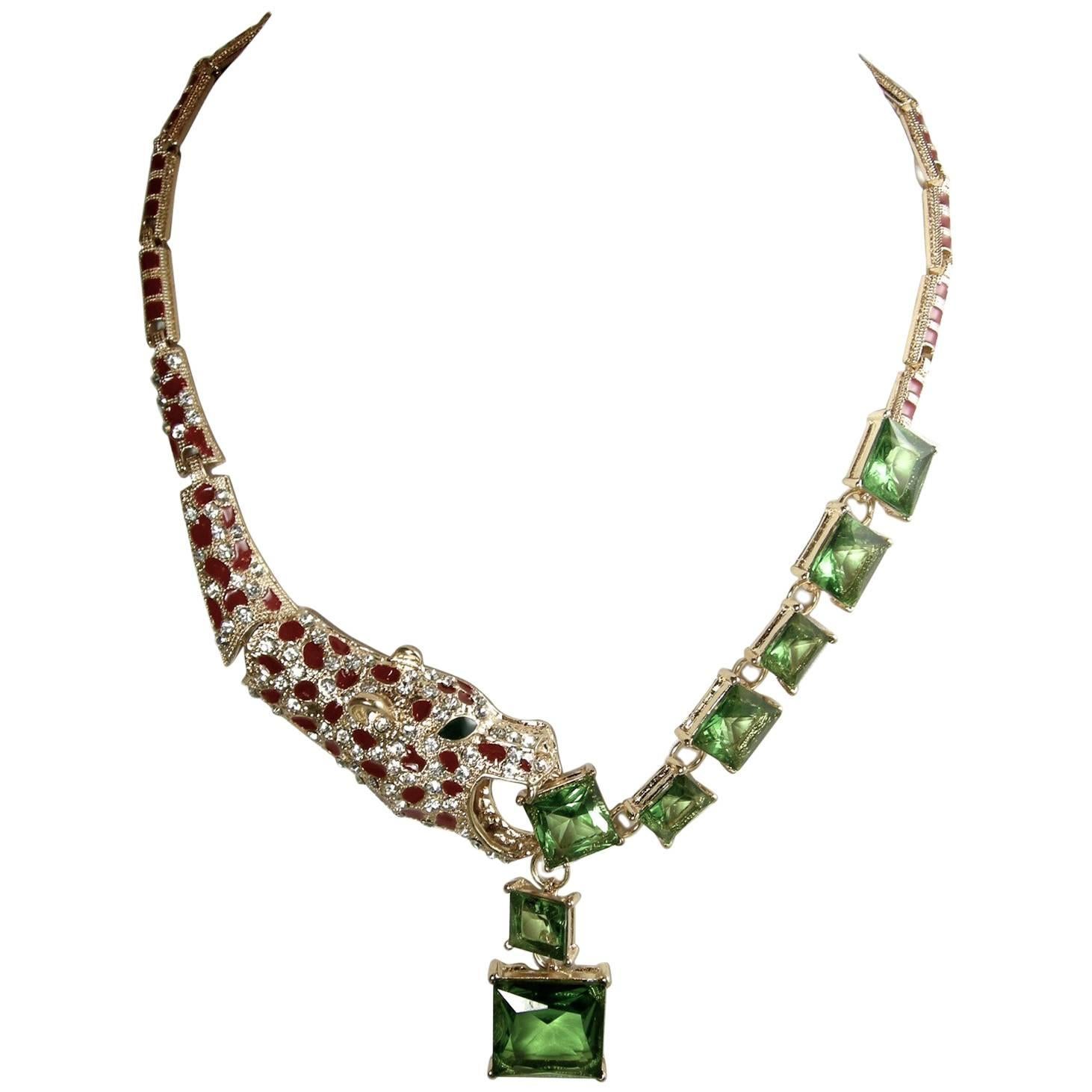 Unusual Leopard Necklace With Green Crystals Necklace