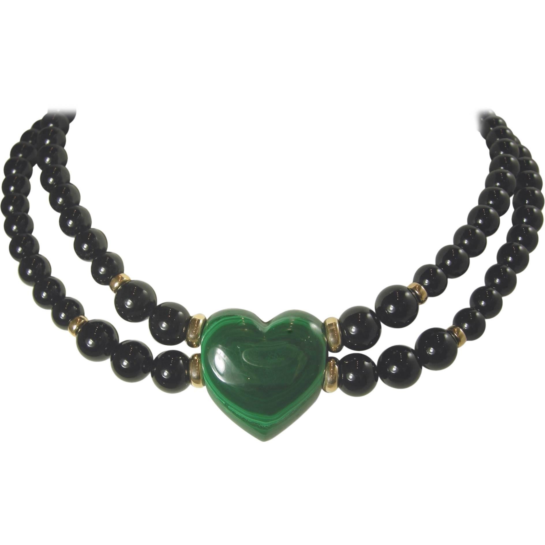 Vintage 14KT Black Onyx and Green Malachite Heart Necklace