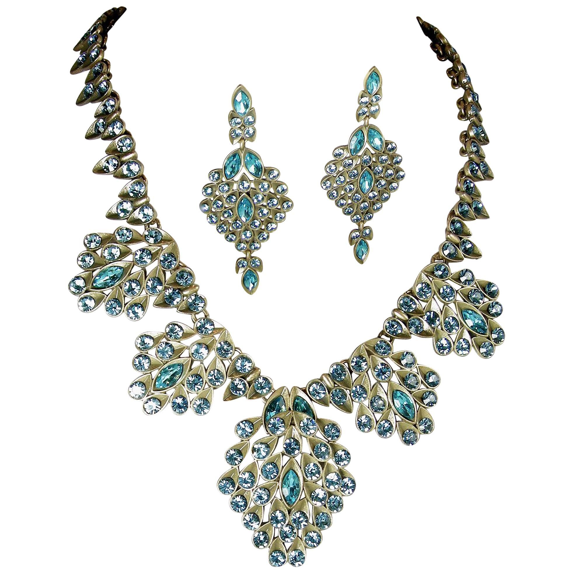 Vintage Oscar de la Renta Faux Peacock/Aquamarine Necklace/Earring Set