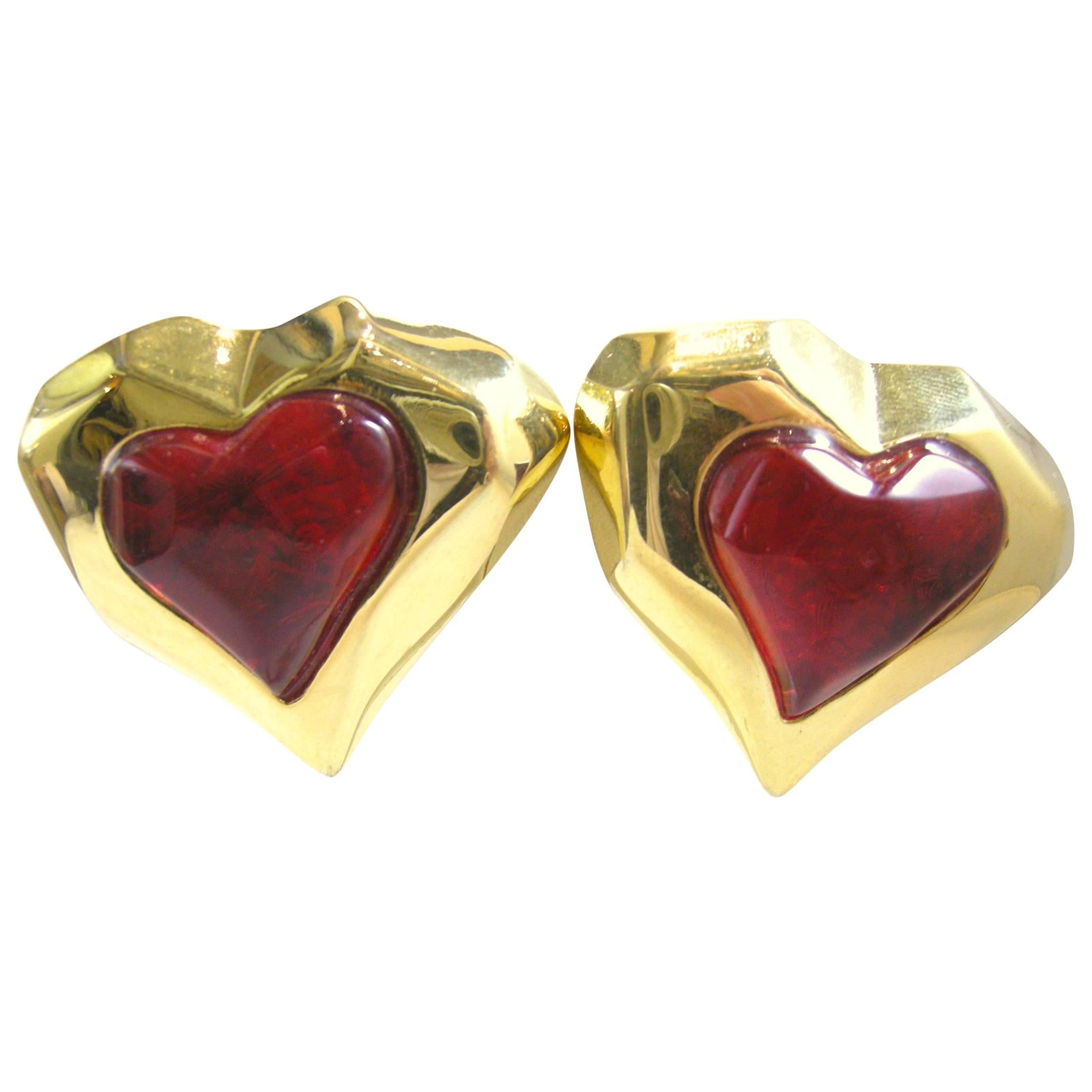 Vintage Red Heart Clip Earrings For Sale