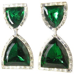 Vintage Donald Stannard Faux Emerald And Crystal Shield Drop Earrings