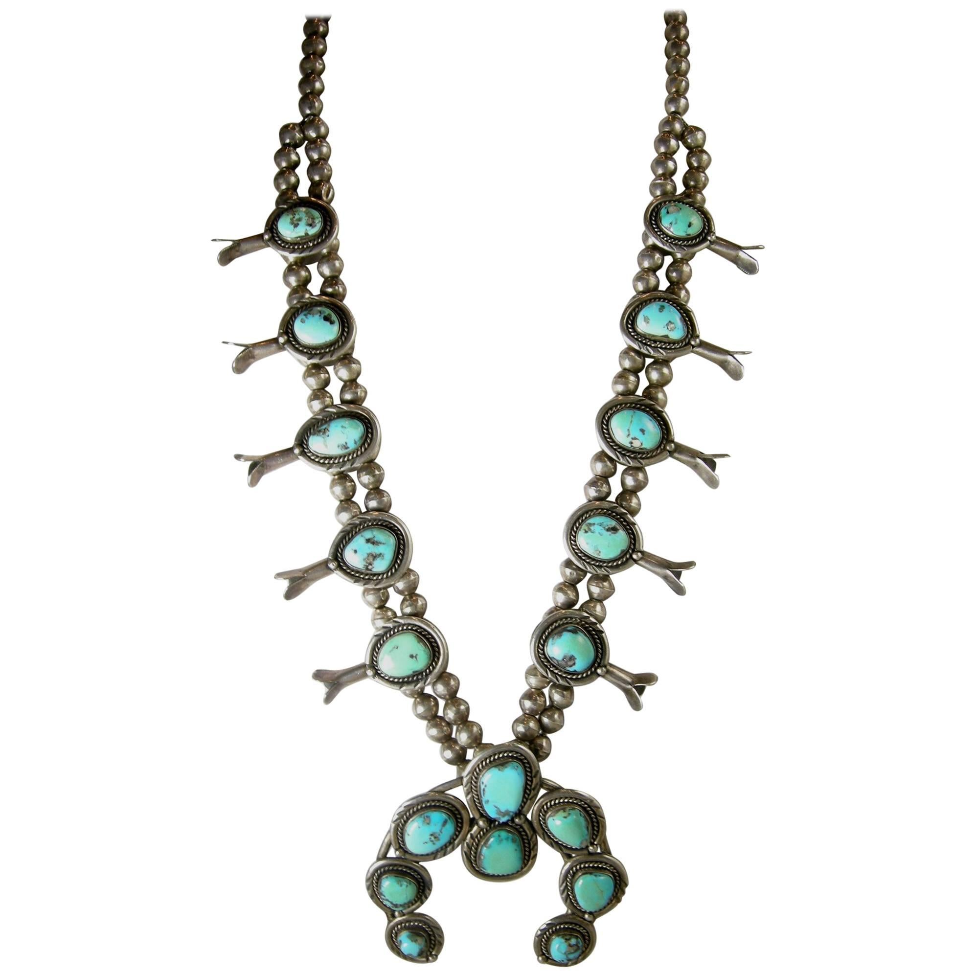 Sterling Indian Pawn Turquoise Squash Vintage Necklace, 1930s 