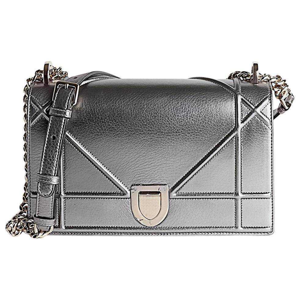 Dior Diorama Flap Bag Pewter Colour Leather Gold Hardware For Sale