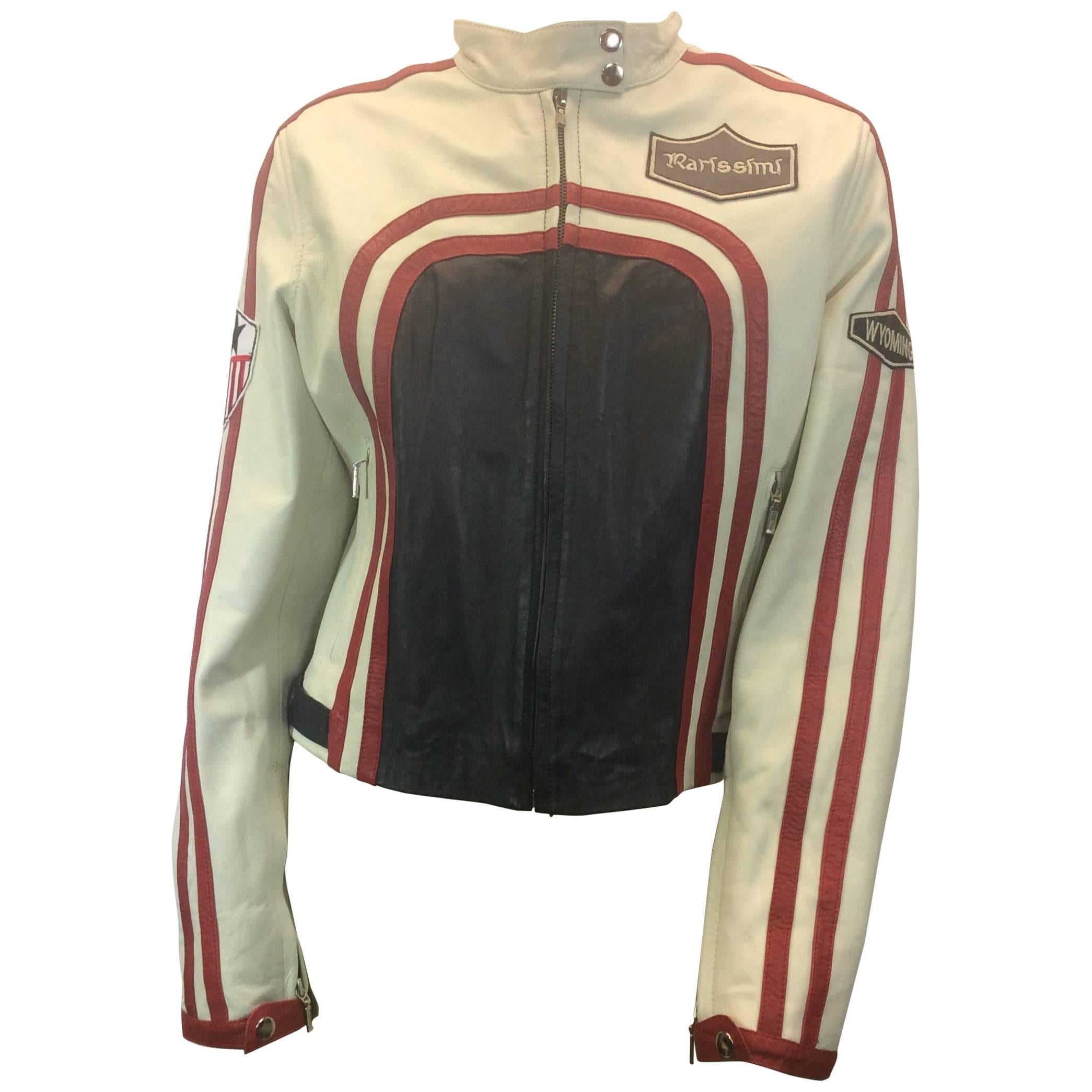 Feminin Touch White and Red Leather Moto Jacket For Sale
