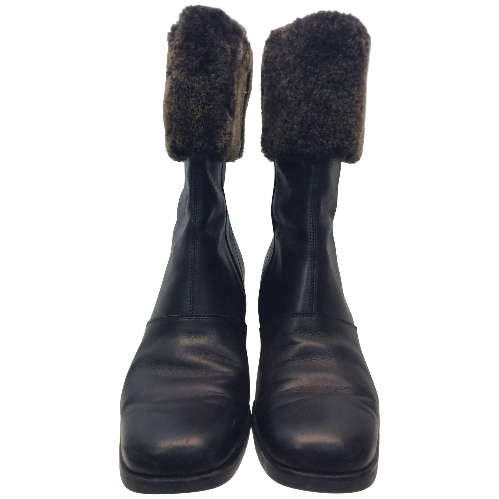Salvatore Ferragamo Black Leather and Shearling Boot For Sale