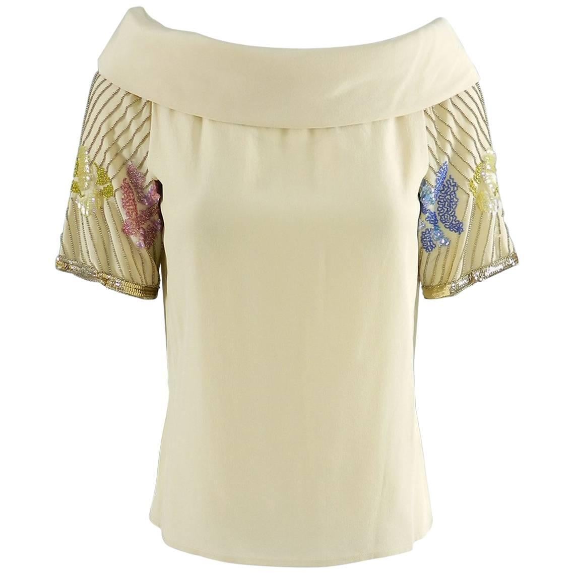 Chloe Vintage Beige Sequin Beaded Silk Top, 1970s  For Sale