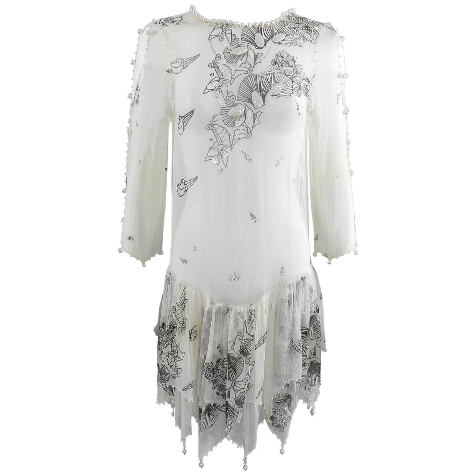 Zhandra Rhodes White Sheer Silk Pearl Beaded Dress, 1980s  For Sale