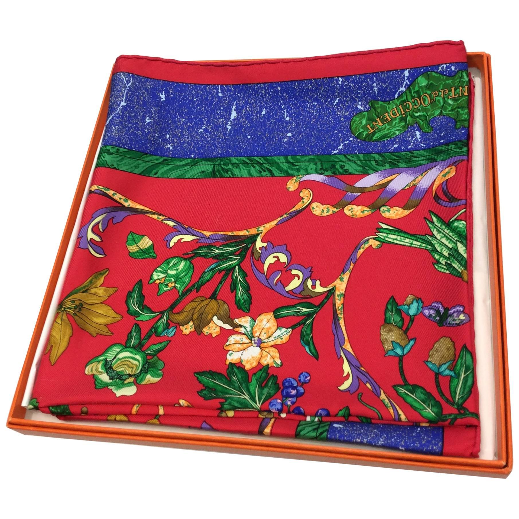 Hermes Red and Blue Print Scarf For Sale