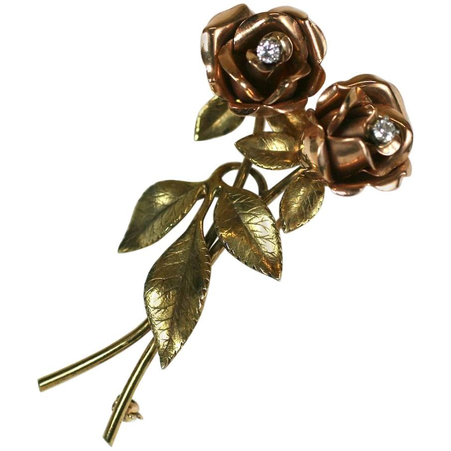 2 Tone Rose Spray Brooch For Sale