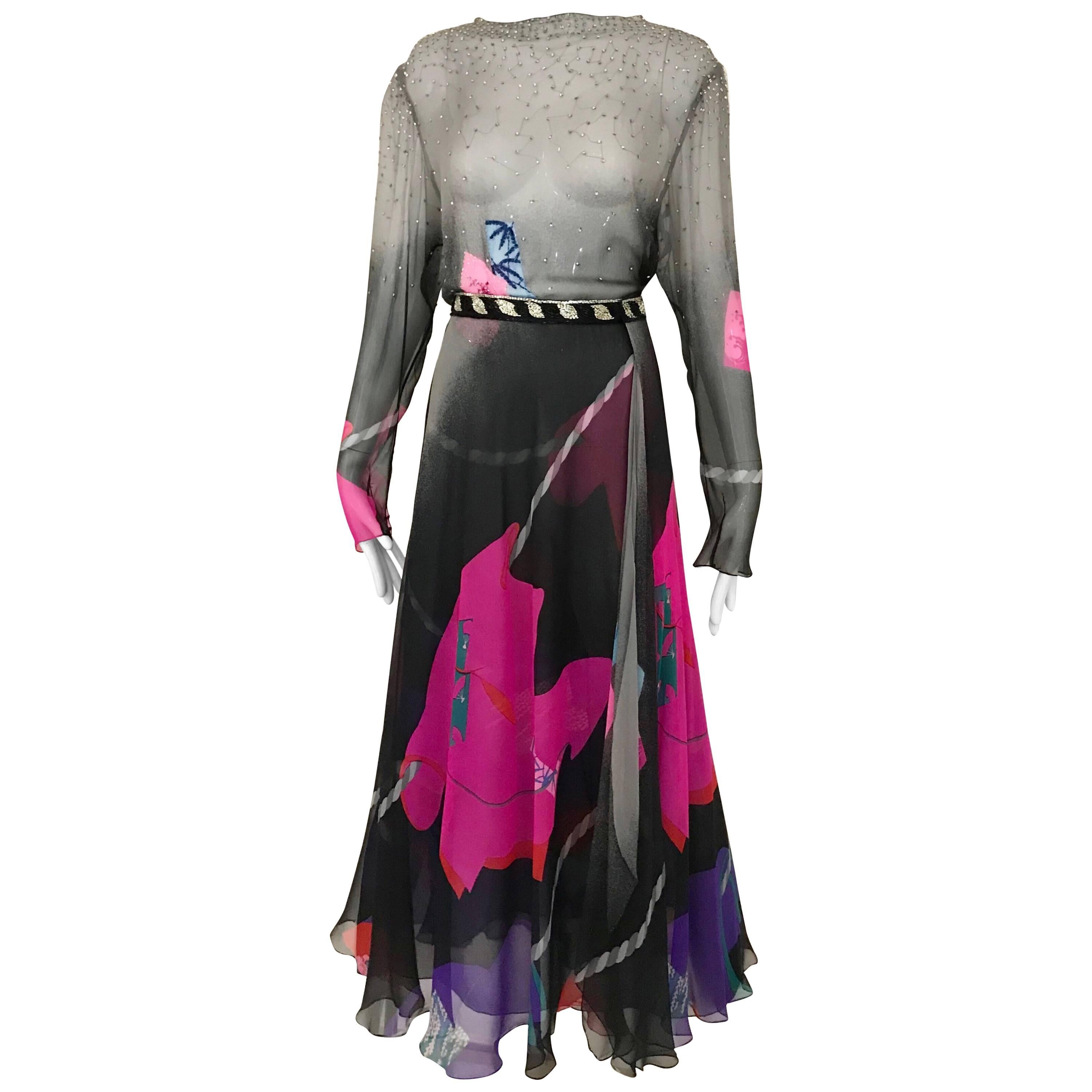 Vintage Hanae Mori Black and Pink Abstract Print Dress Skirt Ensemble