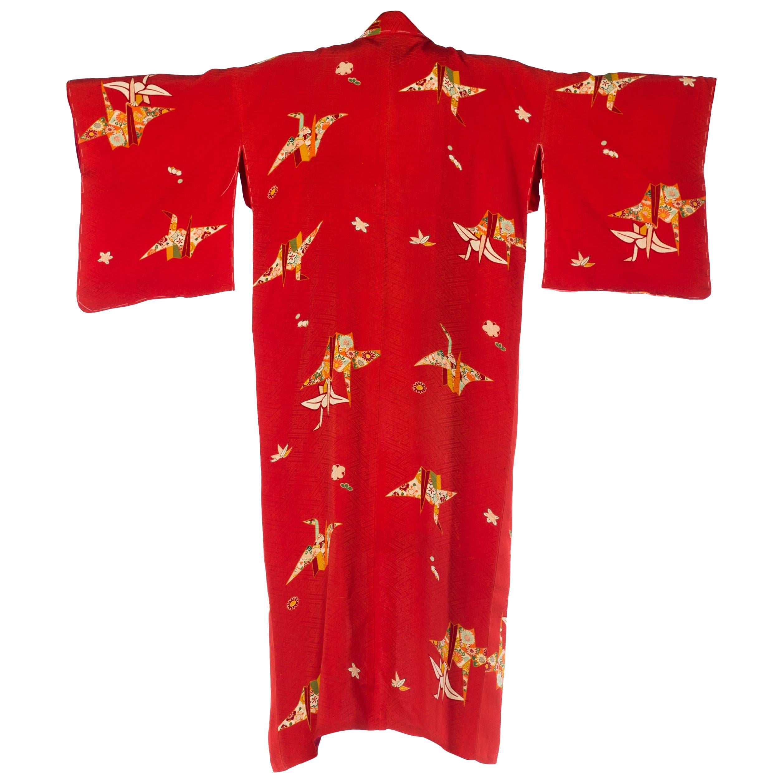 1960S Red Silk Asian Floral Paper Crane  Kimono Long Length For Sale