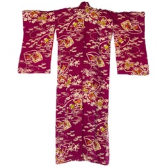 1950S Silk Deep Magenta Floral Bamboo Printed Kimono