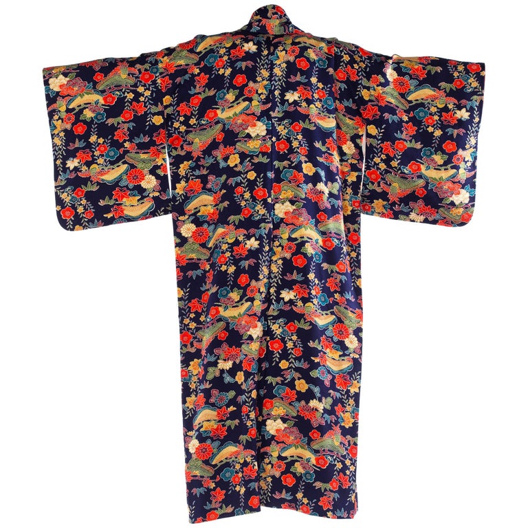 Kimono Japonais Vintage En Soie, Brodé Main Motif Paon - Taille L Env. 53" - Occasion Bon état