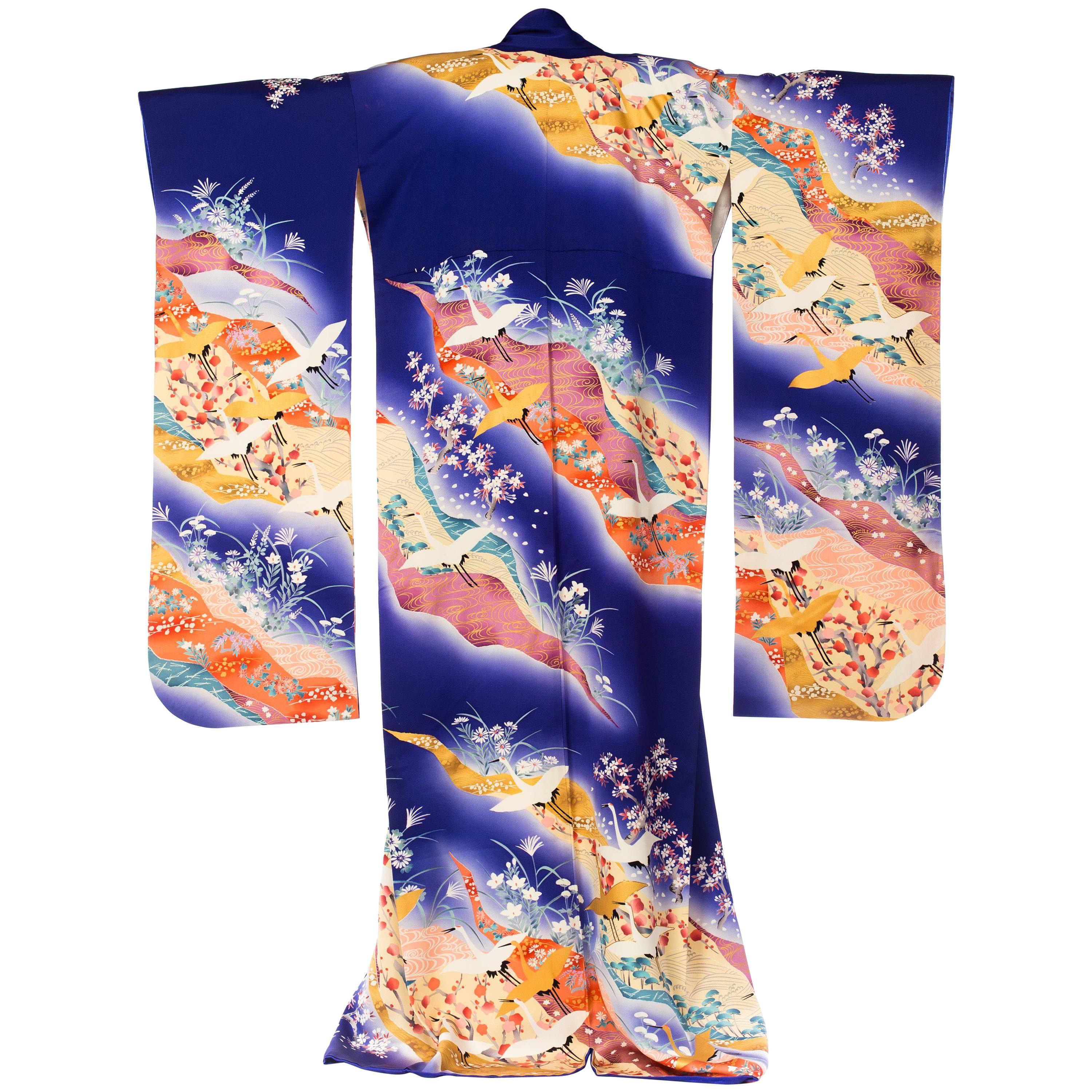 1930S Hand Painted Silk Blue Metallic Crane Floral Cherry Blossom  Kimono