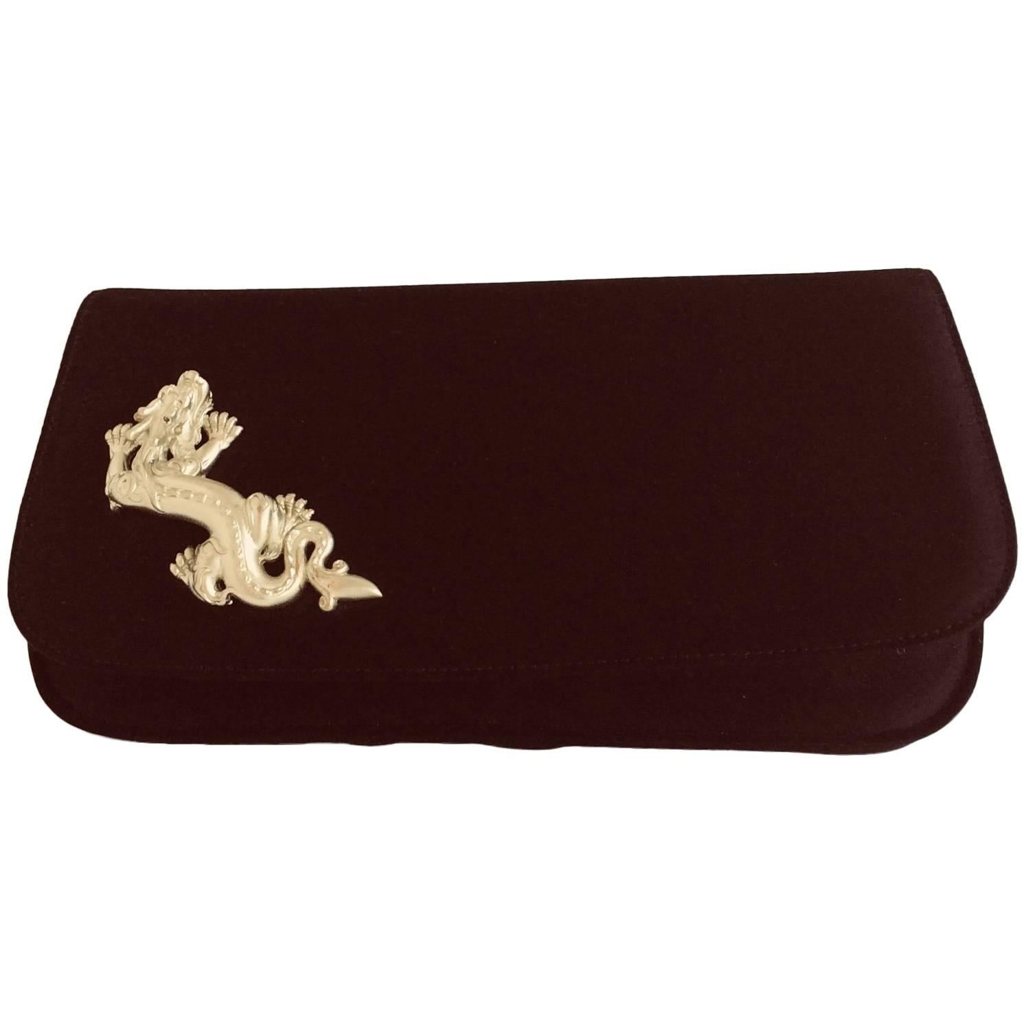 Kieselstein-Cord Black Satin Flap Clutch With Gold Dragon 