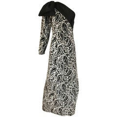 Vintage Lanvin Black and White Silk Velvet Paisley Print One Shoulder Bow Dress