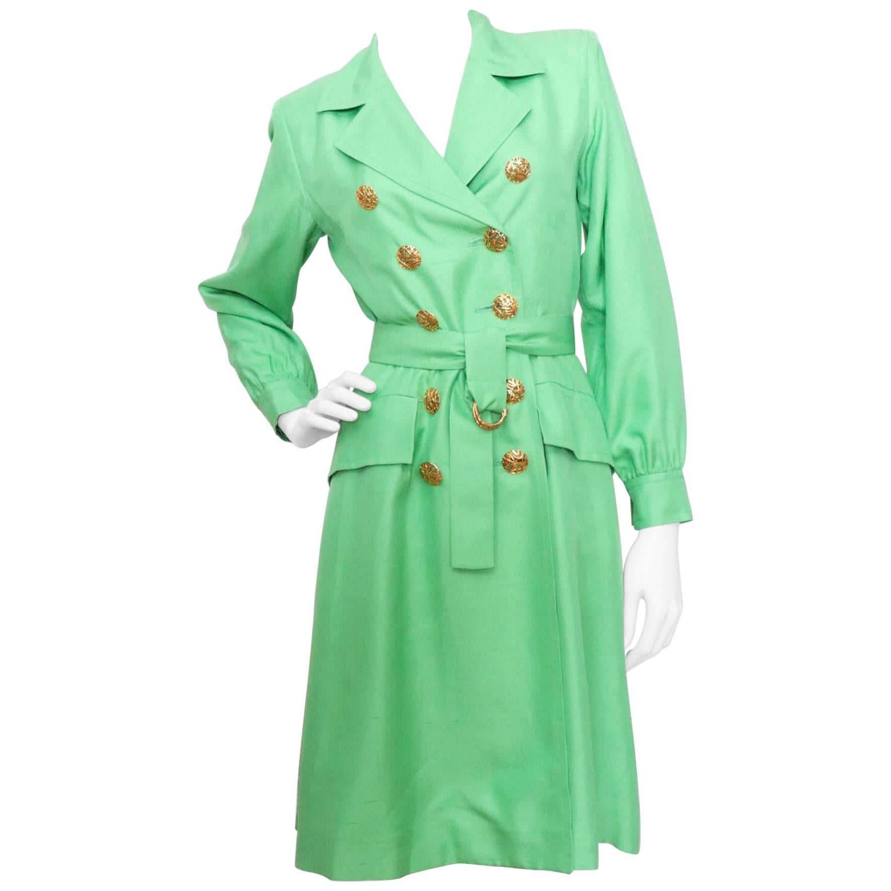 A 1960s Vintage Yves Saint Laurent Rive Gauche Bright Green Silk Trench Coat XS