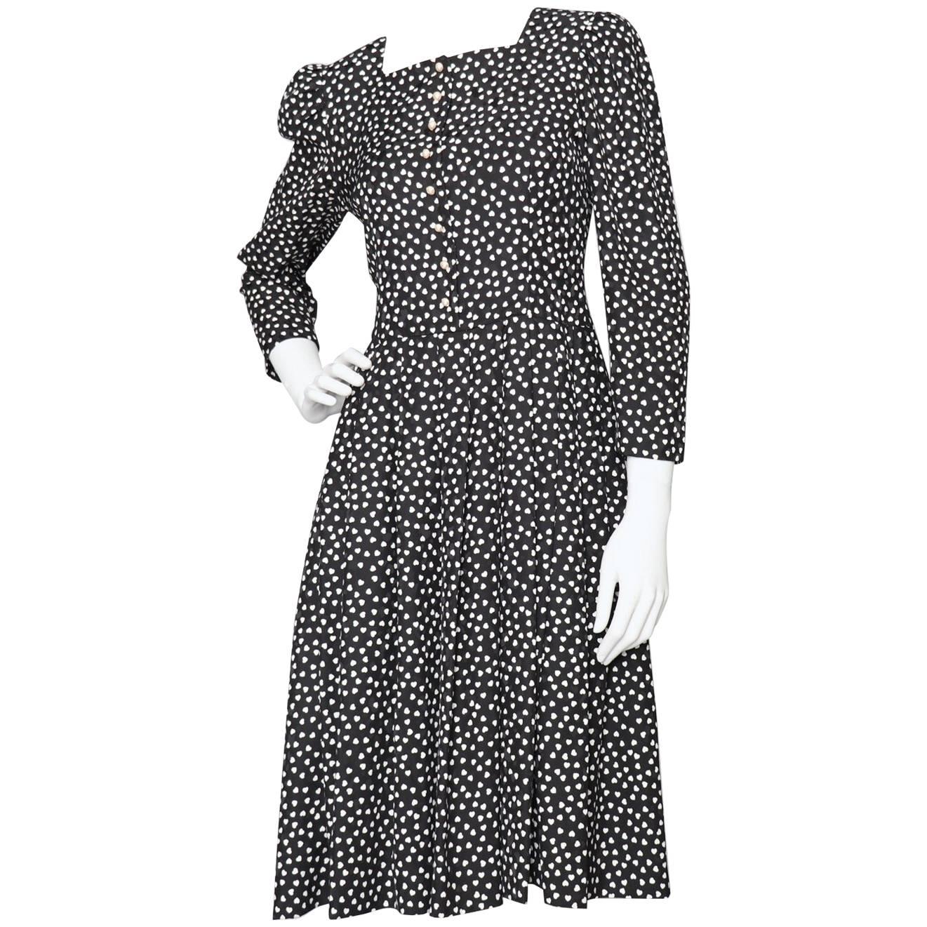 Hanae Mori Vintage Black Day Dress With White Heart Print, 1980s 