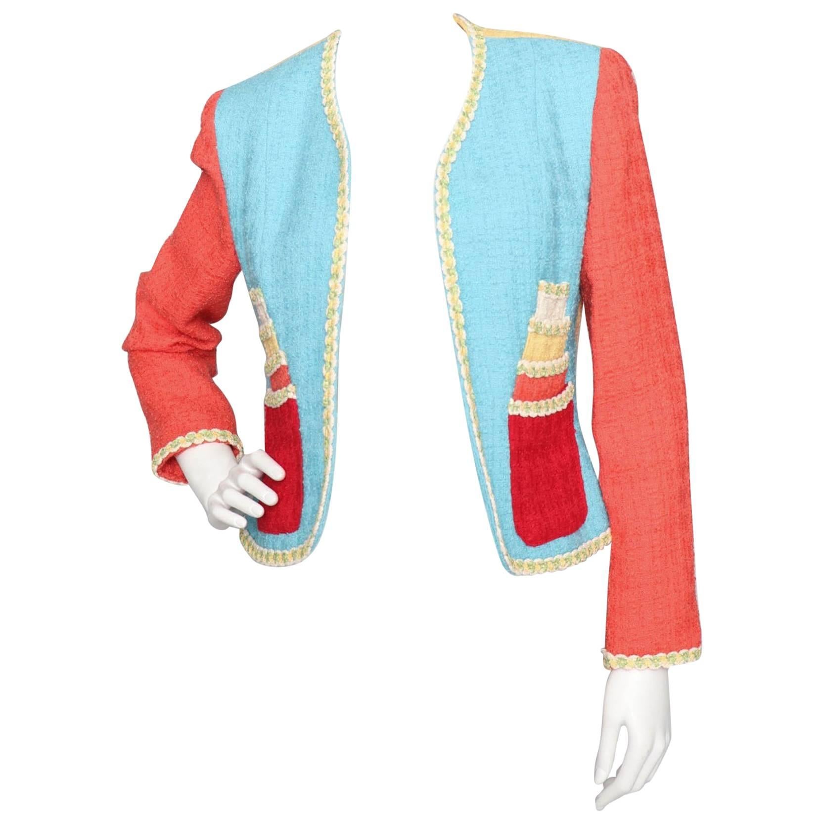 A Fun 1990s Vintage Cheap & Chic by Moschino Novelty Wool Blazer S For Sale