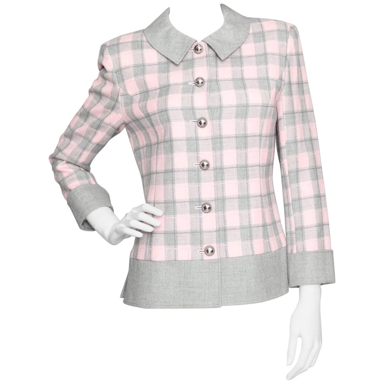 A 1970s Vintage Courrèges Baby Pink & Grey Wool Check Blazer S