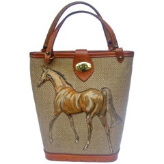 1960s Burlap Cloth Quilted Equine Leather Trim Handbag