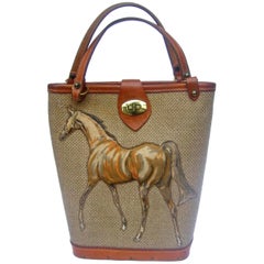 1960s Burlap Cloth Quilted Equine Leather Trim Handbag 