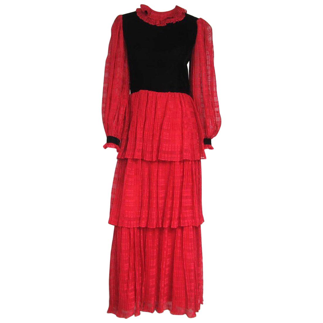 1970s Givenchy Red & Black Ruffled Tiered Gown 