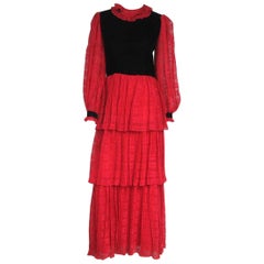 Used 1970s Givenchy Red & Black Ruffled Tiered Gown 