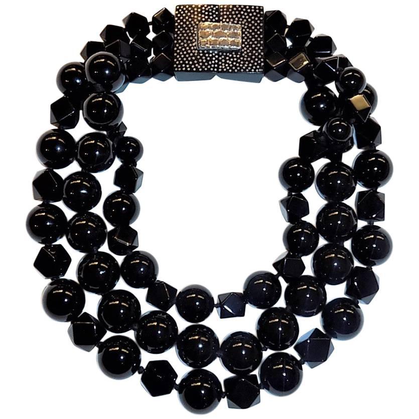 Patricia von Musulin Black onyx necklace silver inlay clasp For Sale