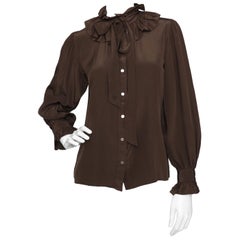 Yves Saint Laurent Rive Gauche Vintage Chocolate Brown Silk Blouse