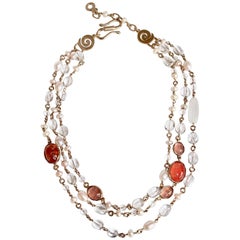 Goossens Paris Salmon Tinted Rock Crystal Triple Strand Necklace