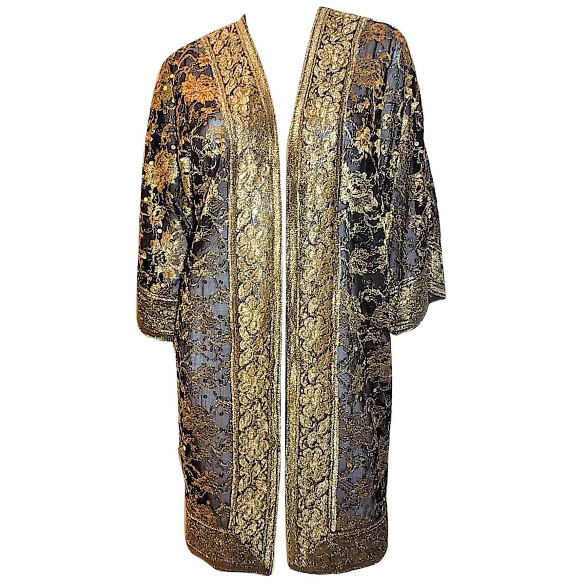 Nolan Miller Couture Beaded Black and Gold Lace coat  long Evening Jacket  For Sale